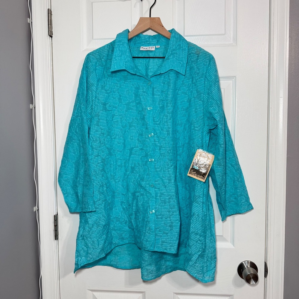 NEW Habitat Turquoise Blue Crinkle Seersucker Button Down Tunic Top XL Lagenlook